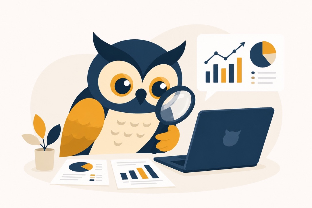 GuruWatch s lupou analyzuje grafy a reporty cen konkurence na notebooku